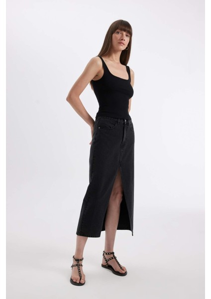 Long Fit Yırtmaçlı Jean Midi Etek D1464AX24WN