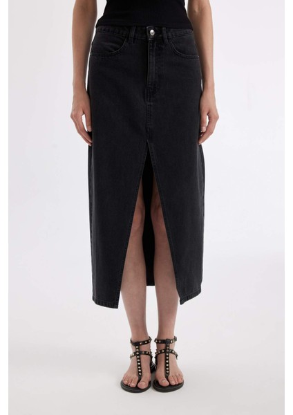 Long Fit Yırtmaçlı Jean Midi Etek D1464AX24WN