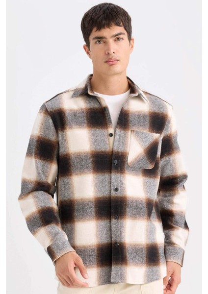 Regular Fit Polo Yaka Kareli Flanel Uzun Kollu Gömlek D2320AX24AU