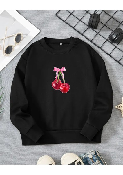 Kız Çocukları Için Kiraz Baskılı Uzun Kollu T-Shirt