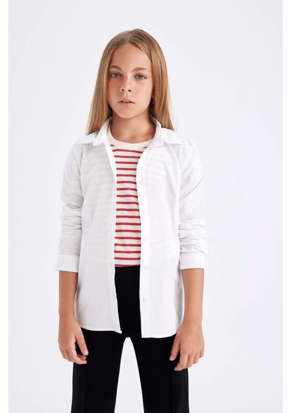 Kız Çocuk Slim Fit Dar Kesim Bengalin Uzun Kollu Basic Düz Beyaz Okul Gömleği K9023A624AU
