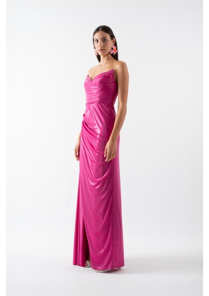 Odobella Kalp Yaka Straplez Anvelop Uzun Abiye Elbise Fuşya