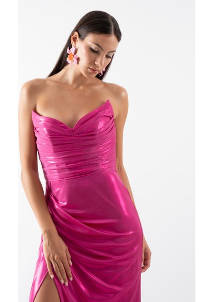 Odobella Kalp Yaka Straplez Anvelop Uzun Abiye Elbise Fuşya fiyatları