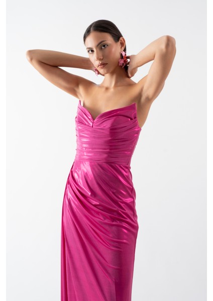 Odobella Kalp Yaka Straplez Anvelop Uzun Abiye Elbise Fuşya fırsatları