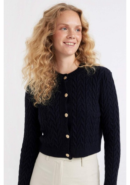 Regular Fit Bisiklet Yaka Saç Örgü Desenli Düğmeli Triko Hırka C9044AX24WN