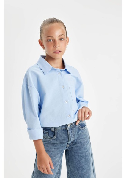 Kız Çocuk Oversize Geniş Kalıp Poplin Uzun Kollu Basic Düz Okul Gömleği C7482A824AU