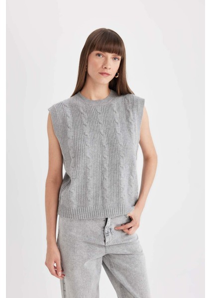 Regular Fit Bisiklet Yaka Basic Düz Saç Örgü Desenli Triko Süveter C9041AX24WN