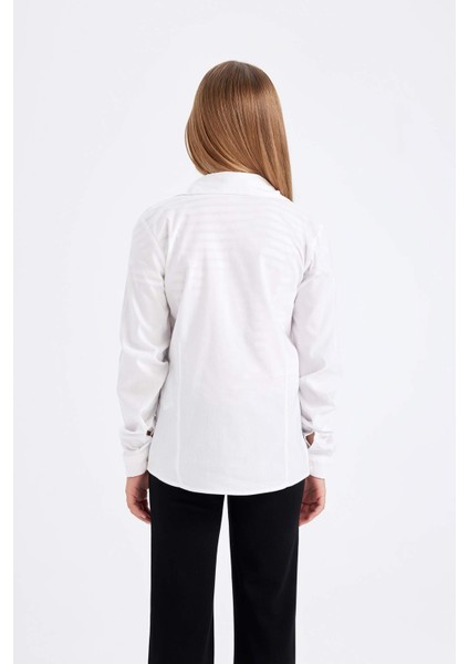 Kız Çocuk Slim Fit Dar Kesim Bengalin Uzun Kollu Basic Düz Beyaz Okul Gömleği K9023A624AU