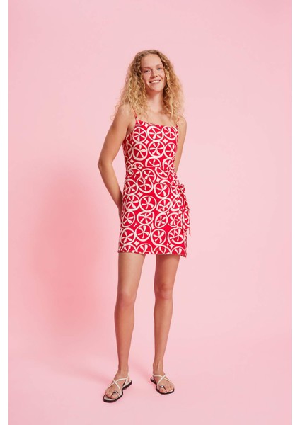 Askılı Etnik Desenli Keten Askılı Mini Elbise D0020AX24SM