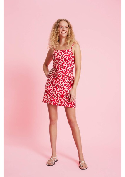 Askılı Etnik Desenli Keten Askılı Mini Elbise D0020AX24SM