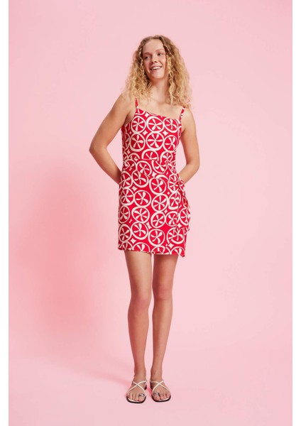 Askılı Etnik Desenli Keten Askılı Mini Elbise D0020AX24SM