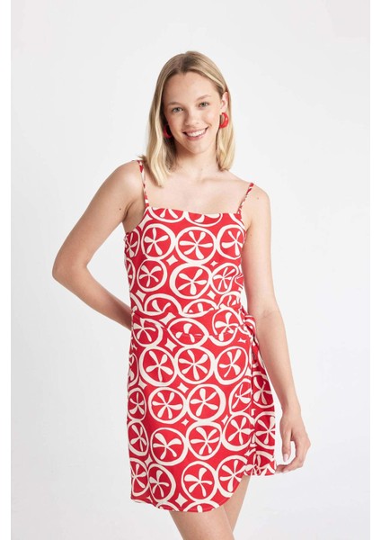 Askılı Etnik Desenli Keten Askılı Mini Elbise D0020AX24SM