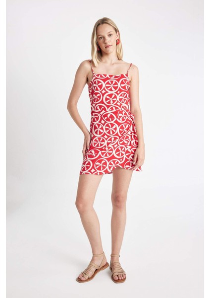 Askılı Etnik Desenli Keten Askılı Mini Elbise D0020AX24SM