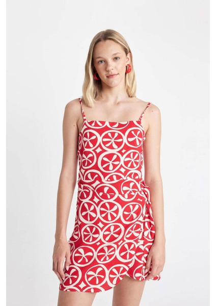 Askılı Etnik Desenli Keten Askılı Mini Elbise D0020AX24SM