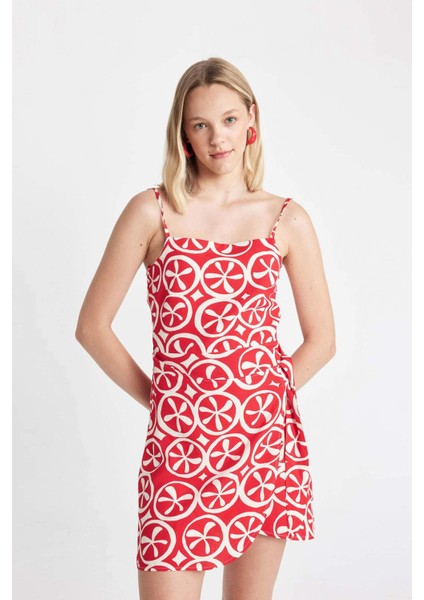 Askılı Etnik Desenli Keten Askılı Mini Elbise D0020AX24SM