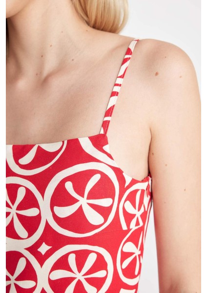 Askılı Etnik Desenli Keten Askılı Mini Elbise D0020AX24SM