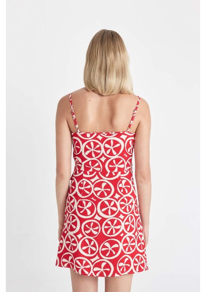 Askılı Etnik Desenli Keten Askılı Mini Elbise D0020AX24SM