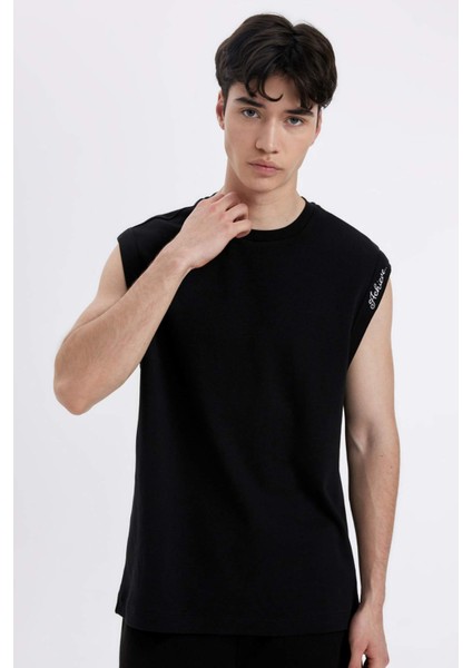 %100 Pamuk Boxy Fit Baskılı Bisiklet Yaka Atlet C5040AX24HS