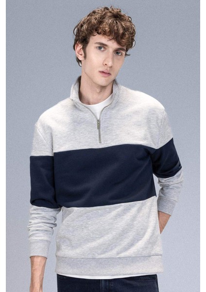 Comfort Regular Fit Rahat Kalıp Dik Yaka Fermuarlı Çizgili Kalın Sweatshirt