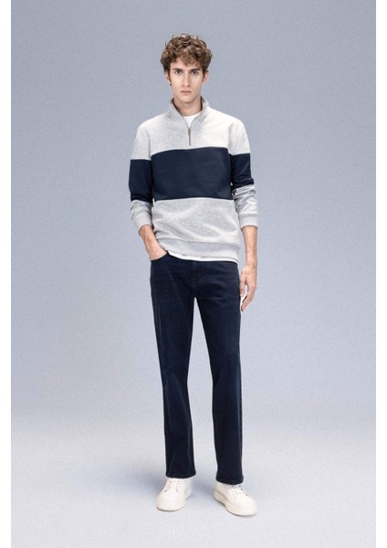 Comfort Regular Fit Rahat Kalıp Dik Yaka Fermuarlı Çizgili Kalın Sweatshirt