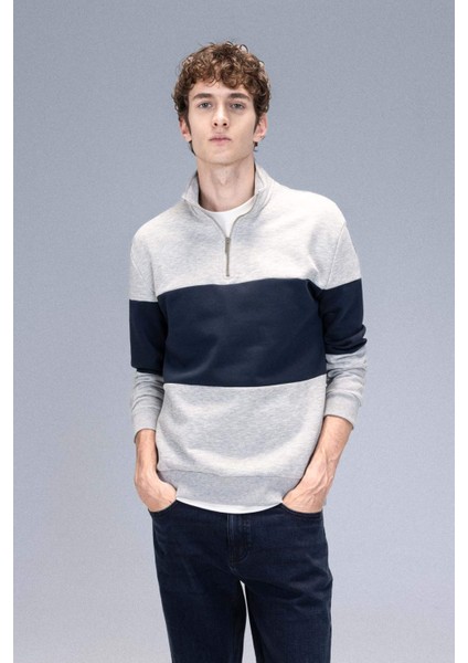 Comfort Regular Fit Rahat Kalıp Dik Yaka Fermuarlı Çizgili Kalın Sweatshirt