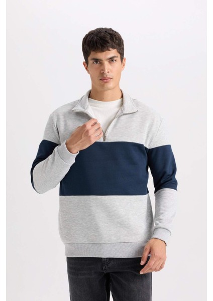 Comfort Regular Fit Rahat Kalıp Dik Yaka Fermuarlı Çizgili Kalın Sweatshirt