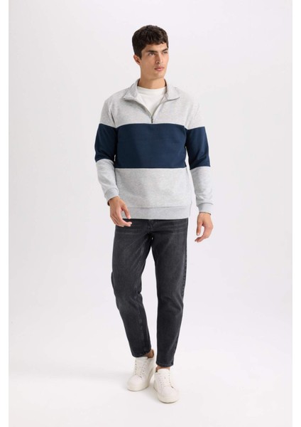 Comfort Regular Fit Rahat Kalıp Dik Yaka Fermuarlı Çizgili Kalın Sweatshirt