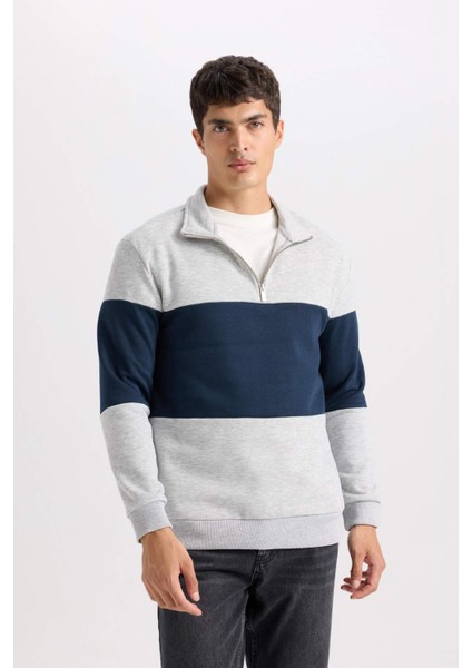 Comfort Regular Fit Rahat Kalıp Dik Yaka Fermuarlı Çizgili Kalın Sweatshirt