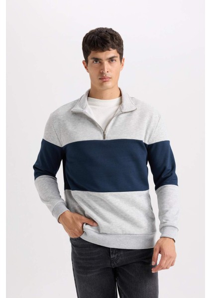 Comfort Regular Fit Rahat Kalıp Dik Yaka Fermuarlı Çizgili Kalın Sweatshirt