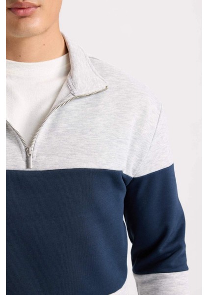 Comfort Regular Fit Rahat Kalıp Dik Yaka Fermuarlı Çizgili Kalın Sweatshirt