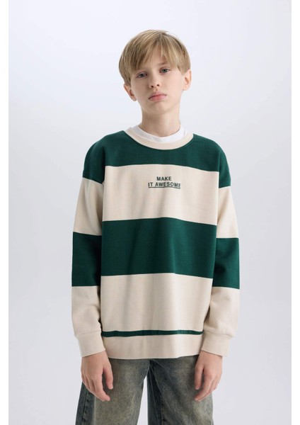Erkek Çocuk Oversize Geniş Kalıp Bisiklet Yaka Çizgili Baskılı Sweatshirt C9802A824WN