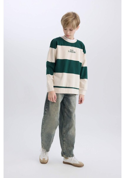 Erkek Çocuk Oversize Geniş Kalıp Bisiklet Yaka Çizgili Baskılı Sweatshirt C9802A824WN