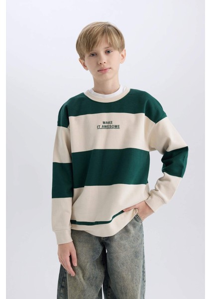Erkek Çocuk Oversize Geniş Kalıp Bisiklet Yaka Çizgili Baskılı Sweatshirt C9802A824WN