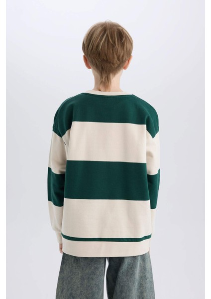 Erkek Çocuk Oversize Geniş Kalıp Bisiklet Yaka Çizgili Baskılı Sweatshirt C9802A824WN