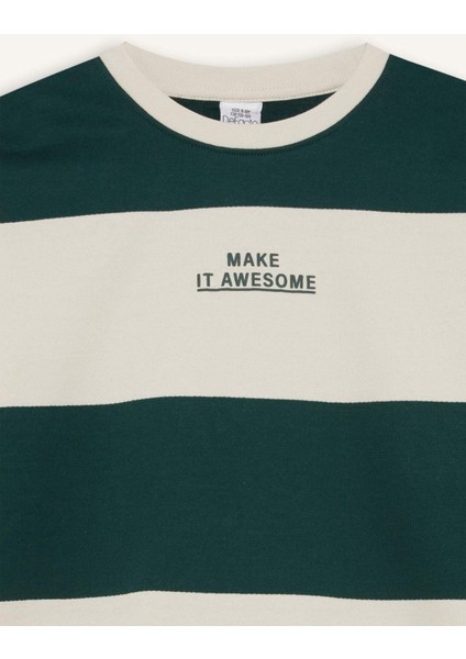 Erkek Çocuk Oversize Geniş Kalıp Bisiklet Yaka Çizgili Baskılı Sweatshirt C9802A824WN