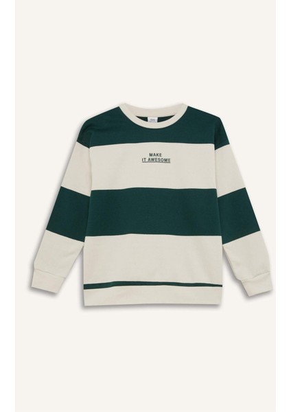Erkek Çocuk Oversize Geniş Kalıp Bisiklet Yaka Çizgili Baskılı Sweatshirt C9802A824WN