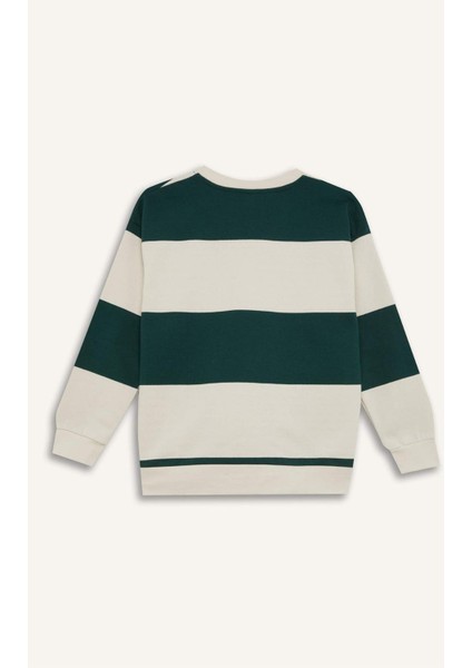 Erkek Çocuk Oversize Geniş Kalıp Bisiklet Yaka Çizgili Baskılı Sweatshirt C9802A824WN