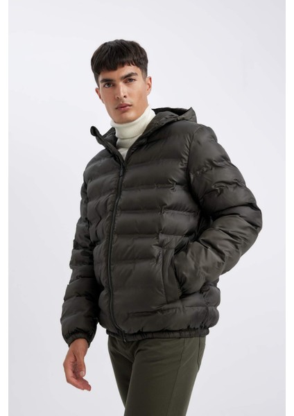 Su İtici Rüzgar Geçirmez Slim Fit Dar Kesim Astarlı Kapüşonlu Fermuarlı Cepli Kışlık Şişme Mont D1185AX24WN