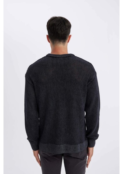 %100 Pamuk Relax Fit Bisiklet Yaka Dokulu Triko Kazak D2061AX24AU