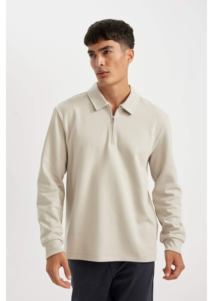 Regular Fit Polo Yaka Yarım Fermuarlı Basic Düz Sweatshirt D2279AX24AU
