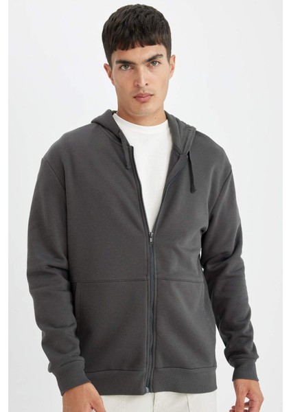 Comfort Regular Fit Rahat Kalıp Kapüşonlu Kalın İçi Yumuşak Tüylü Fermuarlı Sweatshirt D2323AX24AU