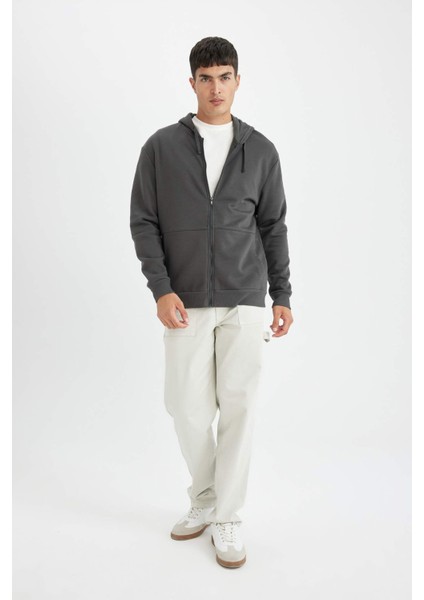 Comfort Regular Fit Rahat Kalıp Kapüşonlu Kalın İçi Yumuşak Tüylü Fermuarlı Sweatshirt D2323AX24AU