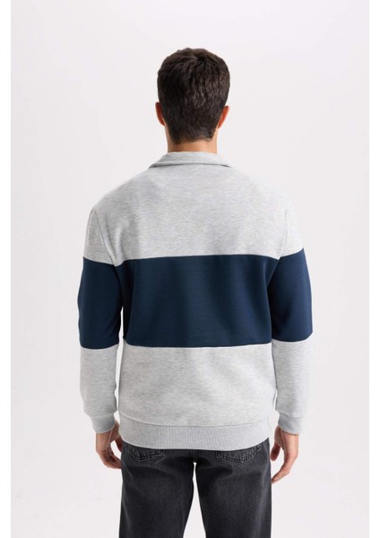 Comfort Regular Fit Rahat Kalıp Dik Yaka Fermuarlı Çizgili Kalın Sweatshirt