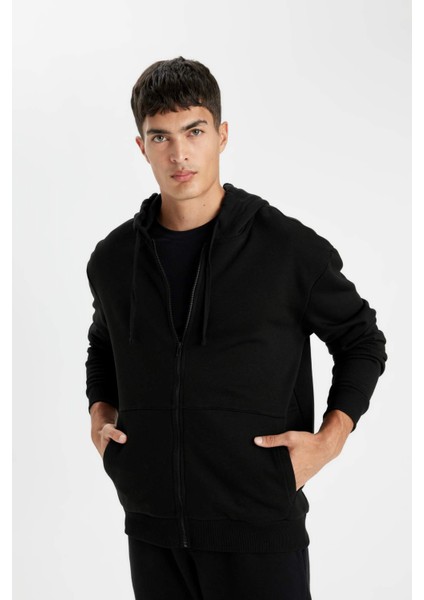 Siyah Comfort Regular Fit Rahat Kalıp Kapüşonlu Kalın İçi Yumuşak Tüylü Fermuarlı Sweatshirt D2323AX24AU