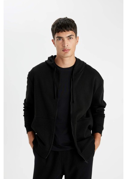 Siyah Comfort Regular Fit Rahat Kalıp Kapüşonlu Kalın İçi Yumuşak Tüylü Fermuarlı Sweatshirt D2323AX24AU