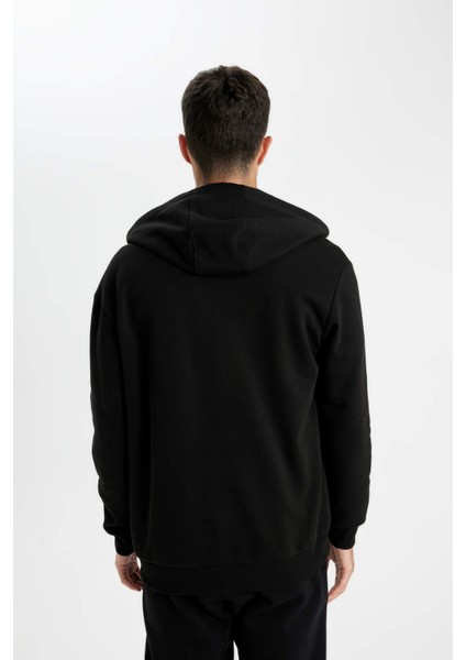 Siyah Comfort Regular Fit Rahat Kalıp Kapüşonlu Kalın İçi Yumuşak Tüylü Fermuarlı Sweatshirt D2323AX24AU