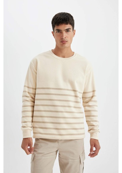 Comfort Regular Fit Rahat Kalıp Bisiklet Yaka Çizgili Kalın Sweatshirt D2397AX24AU