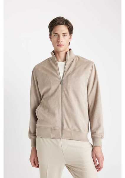 Slim Fit Dar Kesim Dik Yaka Astarlı Fermuarlı Cepli Süet Mevsimlik Baharlık Mont D1524AX24WN