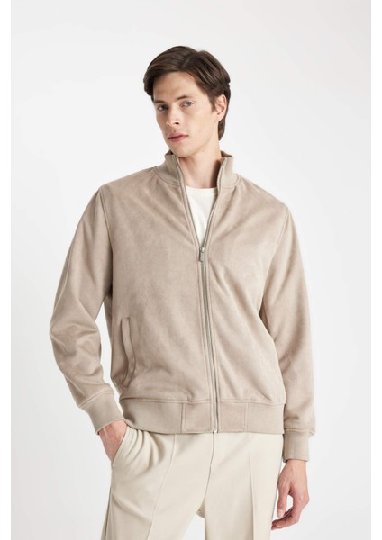 Slim Fit Dar Kesim Dik Yaka Astarlı Fermuarlı Cepli Süet Mevsimlik Baharlık Mont D1524AX24WN