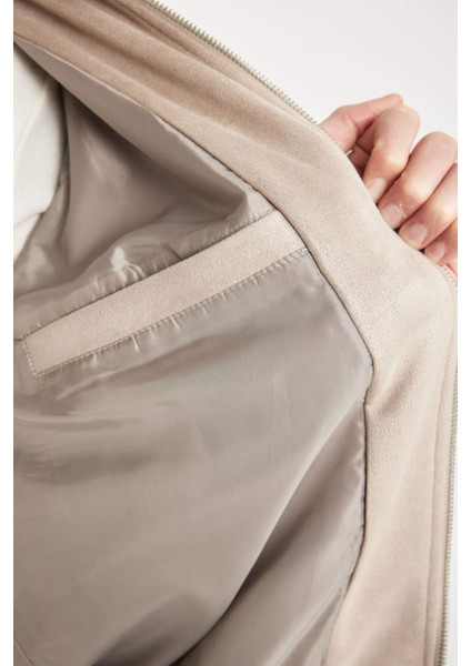 Slim Fit Dar Kesim Dik Yaka Astarlı Fermuarlı Cepli Süet Mevsimlik Baharlık Mont D1524AX24WN